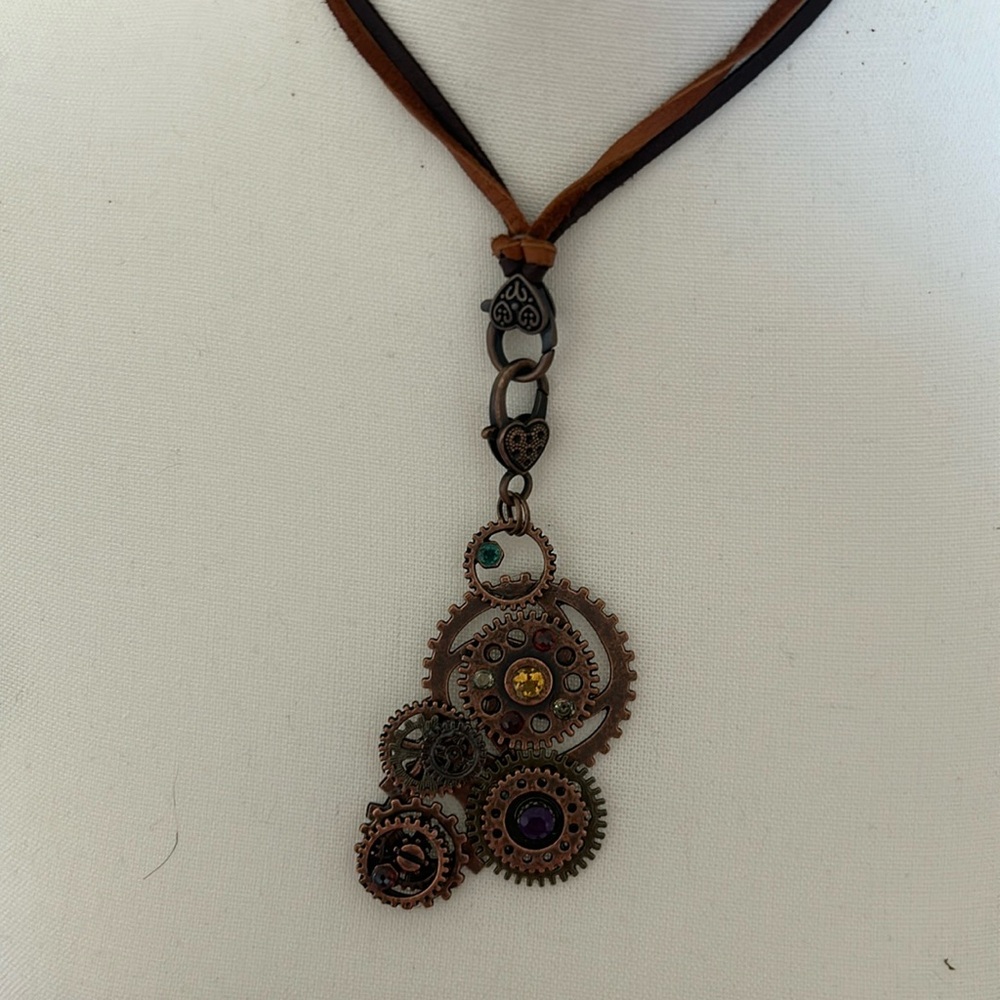 Bronze gear necklace with adjustable leather strap